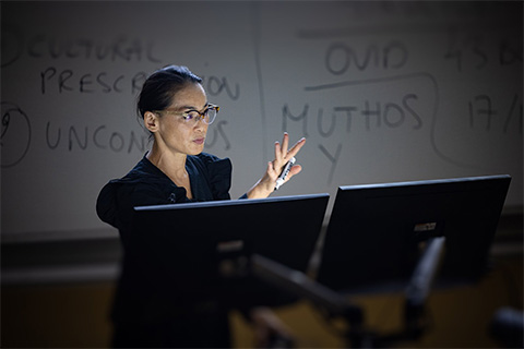 Han Tran, senior lecturer in the College of Arts and Sciences, teaches classical mythology last week in the Whitten Learning Center as the fall semester kicked off. Photo: Joshua Prezant/University of Miami