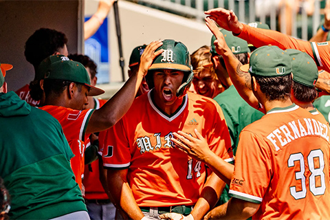 Daniel Cuvet celebrates with his teammates in the dugout after a home run 