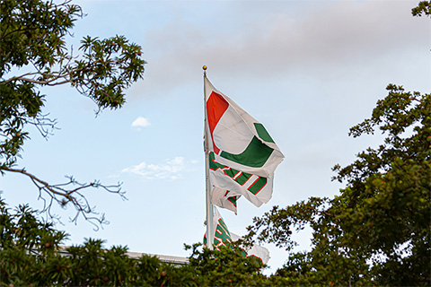  Championship banners fly over Mark Light Field at Alex Rodriguez Park, April 21. Photo: Jenny Abreu for the University of Miami. 