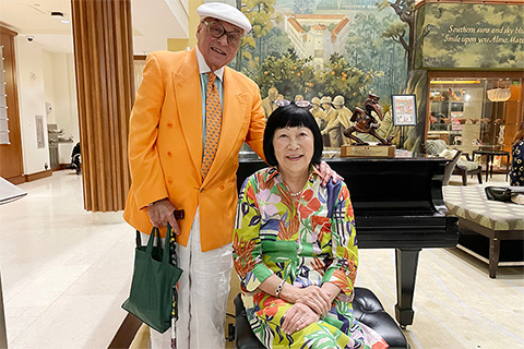  StuBloch and Ambassador Julia Chang Bloch at the spring 2023 edition of the Distinguished Alumni Lecture Series. The Blochs were presented with a replica of the iconic bronze statue of Sebastian the Ibis that stands outside the Newman Alumni Center. 