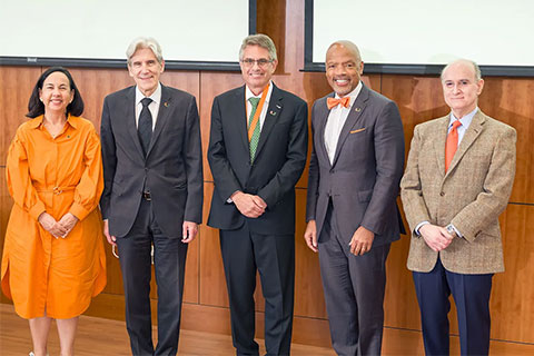 Dr. Maria Gutierrez, University of Miami President Julio Frenk, Dr. Jeffrey Jacobs, Dean Henri Ford and Dr. Alberto Mitrani at the MAA Hall of Fame Award Ceremony.