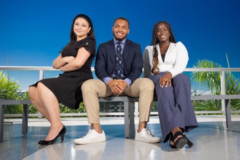   Student Government leaders, from left, Paige-Tatum Hawthorne, treasurer; Niles Niseem, president; and Angela Ansah, vice president. Photo: Joshua Prezant/University of Miami