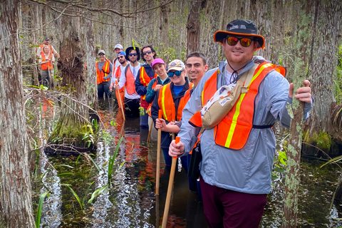   Students in the Everglades law class participate in a swamp walk through Big Cypress National Preserve in the southwestern part of the Everglades. Photo: Courtesy of Kelly Cox